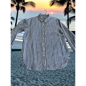 L.L. Bean Premium Linen Tunic Size Large | Blue White Stripe Coastal Prep
